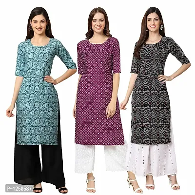 Women Crepe Digital Printed Straight Kurti  Pack of 3-thumb0