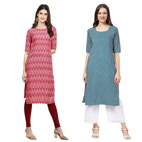 Stylish Straight Multicoloured Printed Crepe Kurta - Combo Of 2