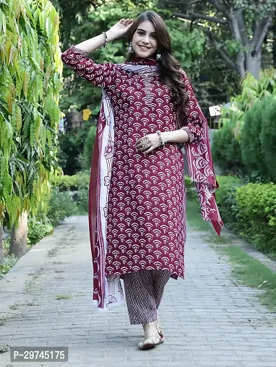 Stylish Maroon Cotton Printed Kurta Bottom and Dupatta Set For Women-thumb3