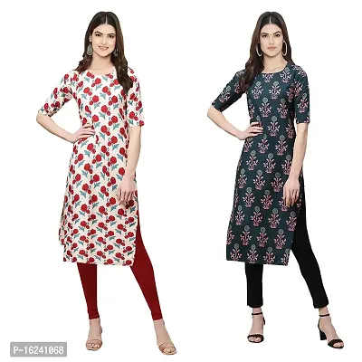 Stylish Straight Multicoloured Printed Crepe Kurta For Women Combo Pack Of 2