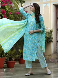 Stylish Cotton Blend Printed Kurta With Pant And Dupatta Set For Women-thumb1