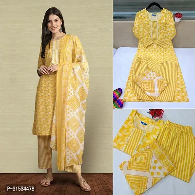 Fancy Cotton Blend Kurta Bottom And Dupatta Set For Women