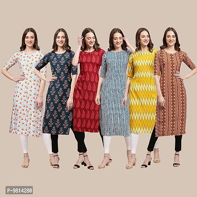 Women Crepe Digital Printed Straight Kurti  Pack of 6-thumb0