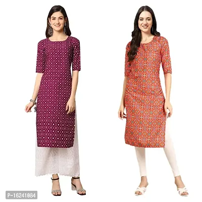 Stylish Straight Multicoloured Printed Crepe Kurta For Women Combo Pack Of 2