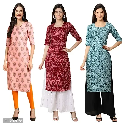 Women Crepe Digital Printed Straight Kurti  Pack of 3