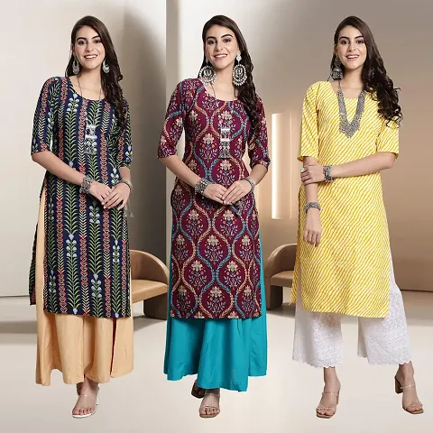 Fancy Multicoloured A-Line Crepe Kurtis - Pack Of 3