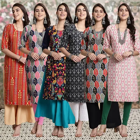 Stylish Crepe Self Pattern Straight Kurtis - Pack Of 6