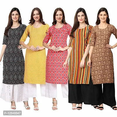 Straight Multicoloured Printed Crepe Kurta Pack Of 5-thumb0