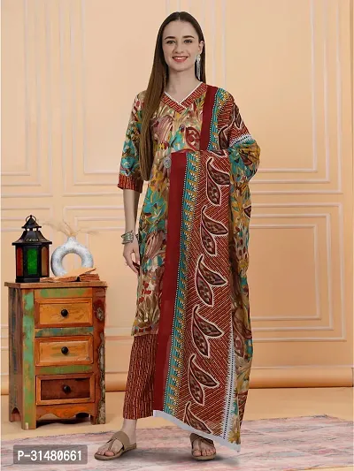 Stylish Multicoloured Cotton Blend Printed Kurta, Bottom and Dupatta Set For Women-thumb0