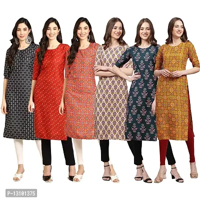 Women Crepe Digital Printed Straight Kurti  Pack of 6