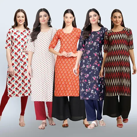 Women Stylish Crepe Printed Straight Kurtas Combo of 5