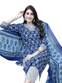 Stylish Cotton A-Line Navy Blue Printed Kurta, Bottom and Dupatta Set For Women-thumb1