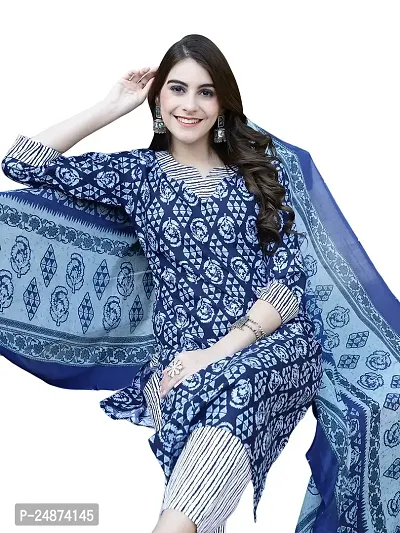 Stylish Cotton A-Line Navy Blue Printed Kurta, Bottom and Dupatta Set For Women-thumb2