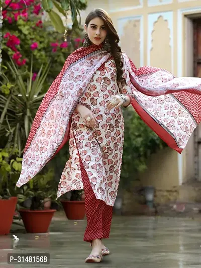 Stylish Cotton Blend Printed Kurta With Pant And Dupatta Set For Women