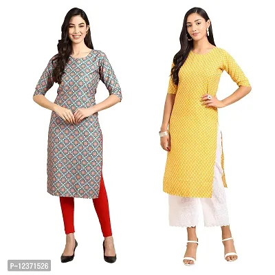 Straight Multicoloured Printed Crepe Kurta Pack Of 2