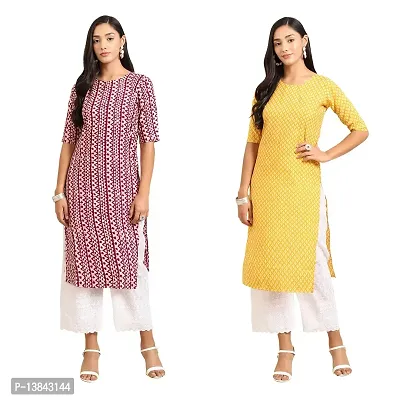 Stylish Straight Multicoloured Printed Crepe Kurta For Women Combo Pack Of 2-thumb0