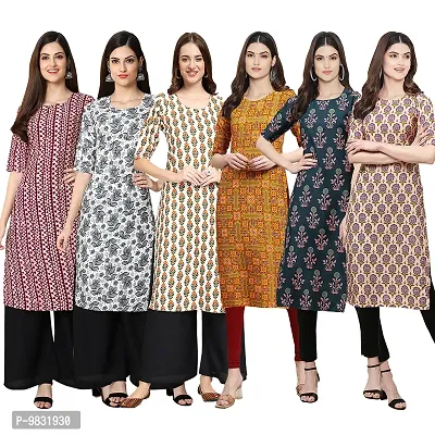 Women Crepe Digital Printed Straight Kurti  Pack of 6