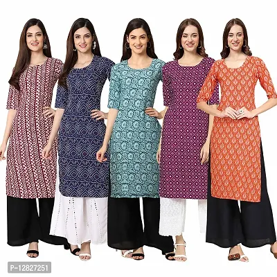 Attractive Straight Multicoloured Printed Crepe Kurta Combo For Women Pack Of 5-thumb0