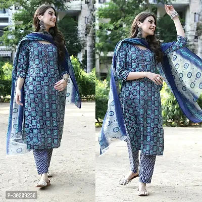 Elegant Cotton Printed Kurta with Pant And Dupatta Set For Women-thumb0