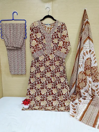 Stylish Cotton  A-Line Printed Kurta With Bottom And Dupatta Set