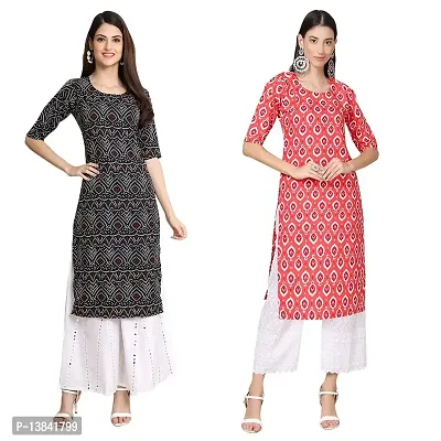 Stylish Straight Multicoloured Printed Crepe Kurta For Women Combo Pack Of 2-thumb0