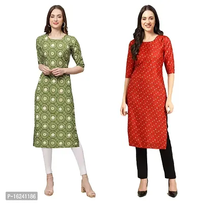 Stylish Straight Multicoloured Printed Crepe Kurta For Women Combo Pack Of 2-thumb0