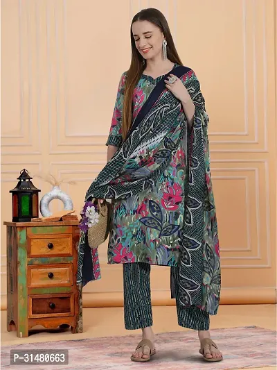 Stylish Multicoloured Cotton Blend Printed Kurta, Bottom and Dupatta Set For Women-thumb4