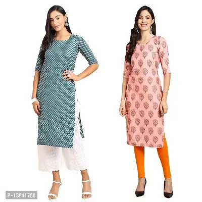 Stylish Straight Multicoloured Printed Crepe Kurta For Women Combo Pack Of 2