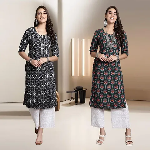 Fancy Rayon Multicoloured Straight Kurti - Pack Of 2