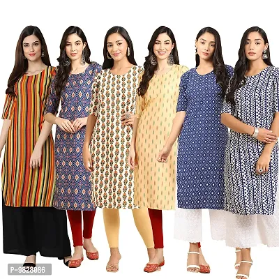 Women Crepe Digital Printed Straight Kurti  Pack of 6