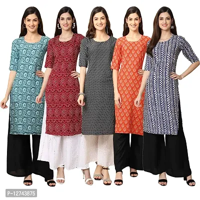 Stylish Crepe Digital Printed Straight Kurti For Women Pack of 5-thumb0