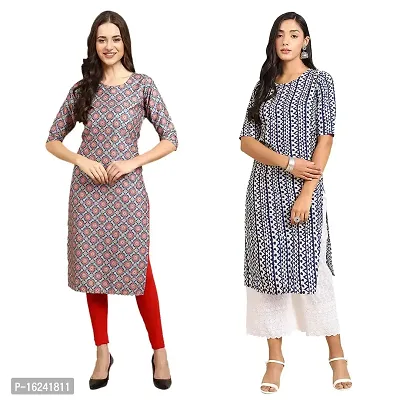 Stylish Straight Multicoloured Printed Crepe Kurta For Women Combo Pack Of 2