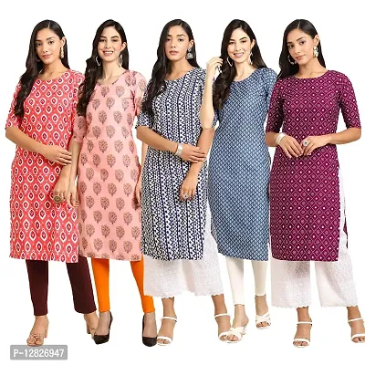 Women Crepe Digital Printed Straight Kurti { Pack of 5 }-thumb0