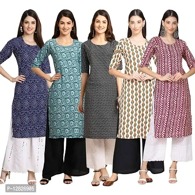 Women Crepe Digital Printed Straight Kurti { Pack of 5 }-thumb0