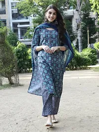 Stylish Blue Cotton Printed Kurta Bottom and Dupatta Set For Women-thumb1