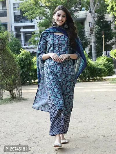 Stylish Blue Cotton Printed Kurta Bottom and Dupatta Set For Women-thumb2