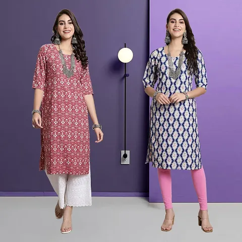 Stylish Multicoloured A-Line Crepe Printed Kurta - Pack Of 2