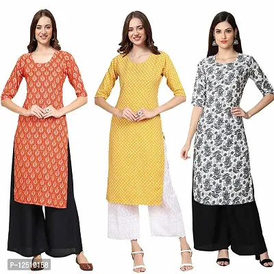 Women Crepe Digital Printed Straight Kurti  Pack of 3