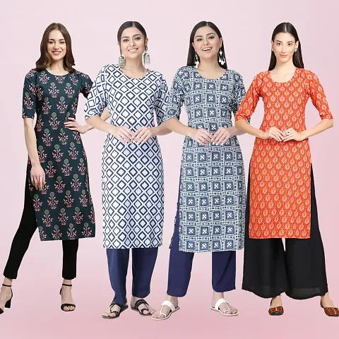 Women Stylish Crepe Printed Straight Kurta Combo Of 4