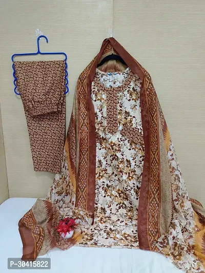 Beautiful Cotton Brown Printed Kurta Pant And Dupatta Set For Women