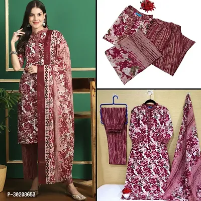 Elegant Cotton Printed Kurta with Pant And Dupatta Set For Women-thumb0