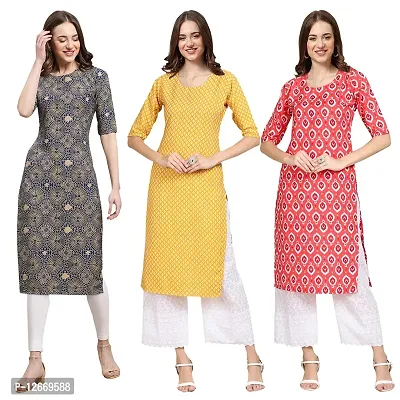 Women Crepe Digital Printed Straight Kurti  Pack of 3