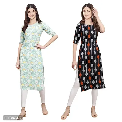 Stylish Straight Multicoloured Printed Crepe Kurta For Women Combo Pack Of 2