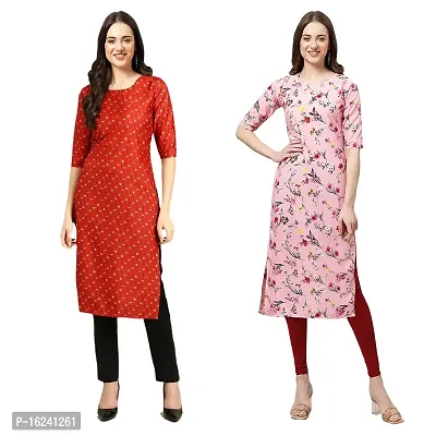 Stylish Straight Multicoloured Printed Crepe Kurta For Women Combo Pack Of 2