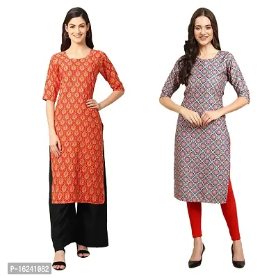 Stylish Straight Multicoloured Printed Crepe Kurta For Women Combo Pack Of 2