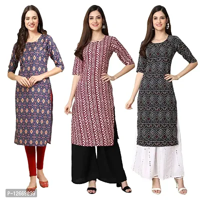 Women Crepe Digital Printed Straight Kurti  Pack of 3