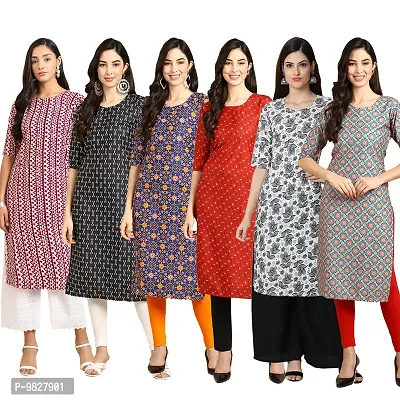 Women Crepe Digital Printed Straight Kurti  Pack of 6