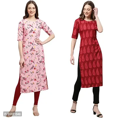 Stylish Straight Multicoloured Printed Crepe Kurta For Women Combo Pack Of 2-thumb0