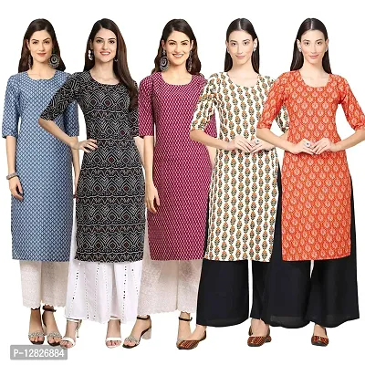 Women Crepe Digital Printed Straight Kurti { Pack of 5 }-thumb0