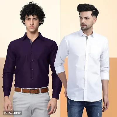 Stylish Cotton Multicoloured Solid Long Sleeves Fornal Shirt For Men Pack Of 2-thumb0